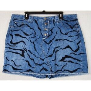 Y2K Button Fly Faded Glory Jean Mini Skirt Skort Raw Hem 20W Tiger Stripes Drawn